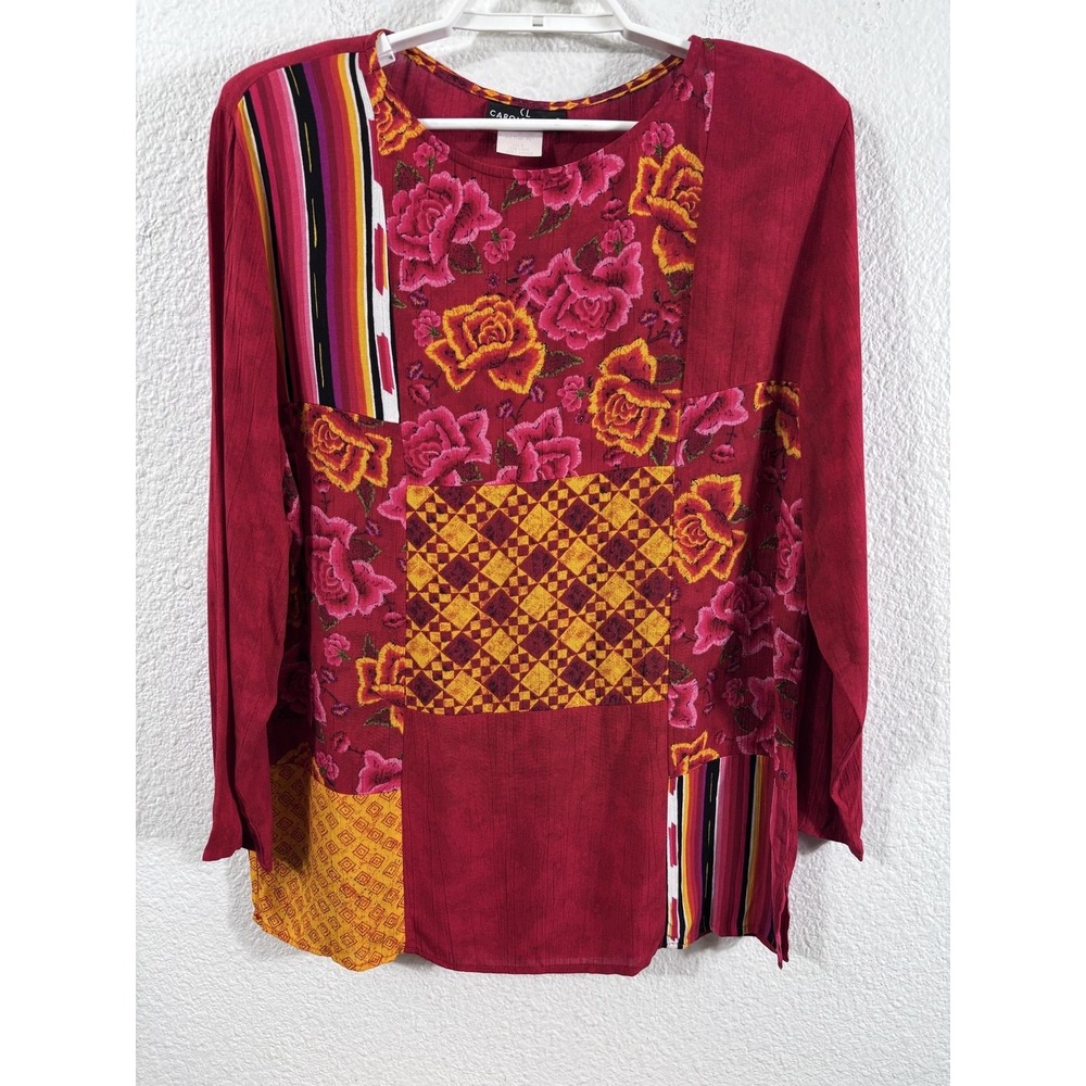 Vintage Carole Little Tunic Blouse Womens XL Multicolor Floral Patchwork Rayon